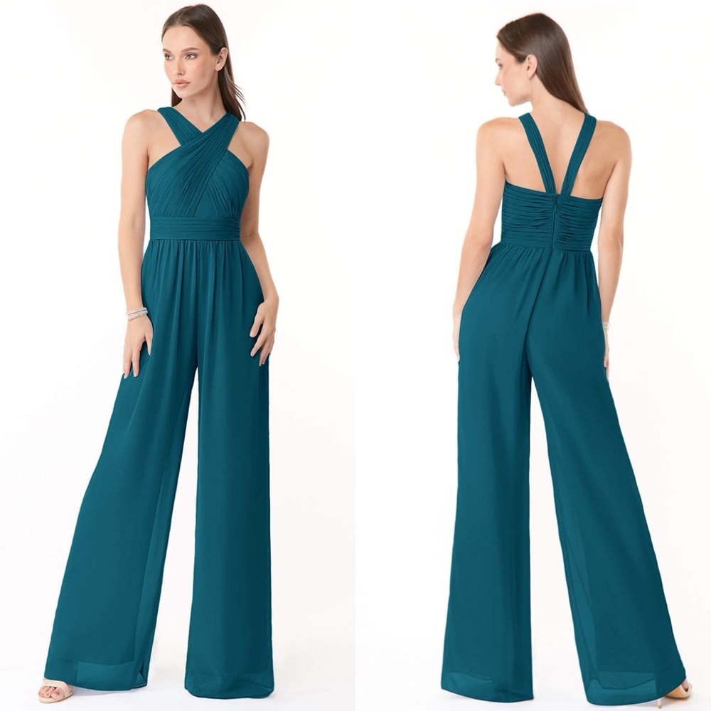 Azazie TEAL Blue Halter Maxi jumpsuit